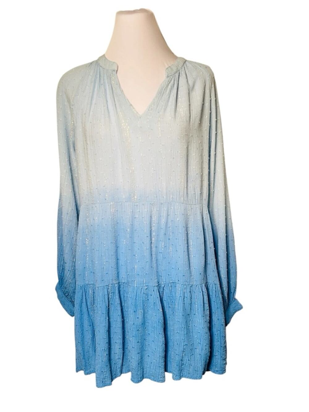 Dotti Dress Ombre Blue Size S Silver Metallic Thread Tiered Babydoll Mini